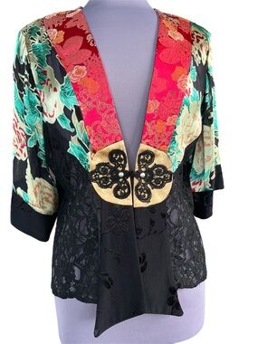 Vintage Spencer Alexis Size P/L Floral Satin, Silk & Lace Open Front Jacket